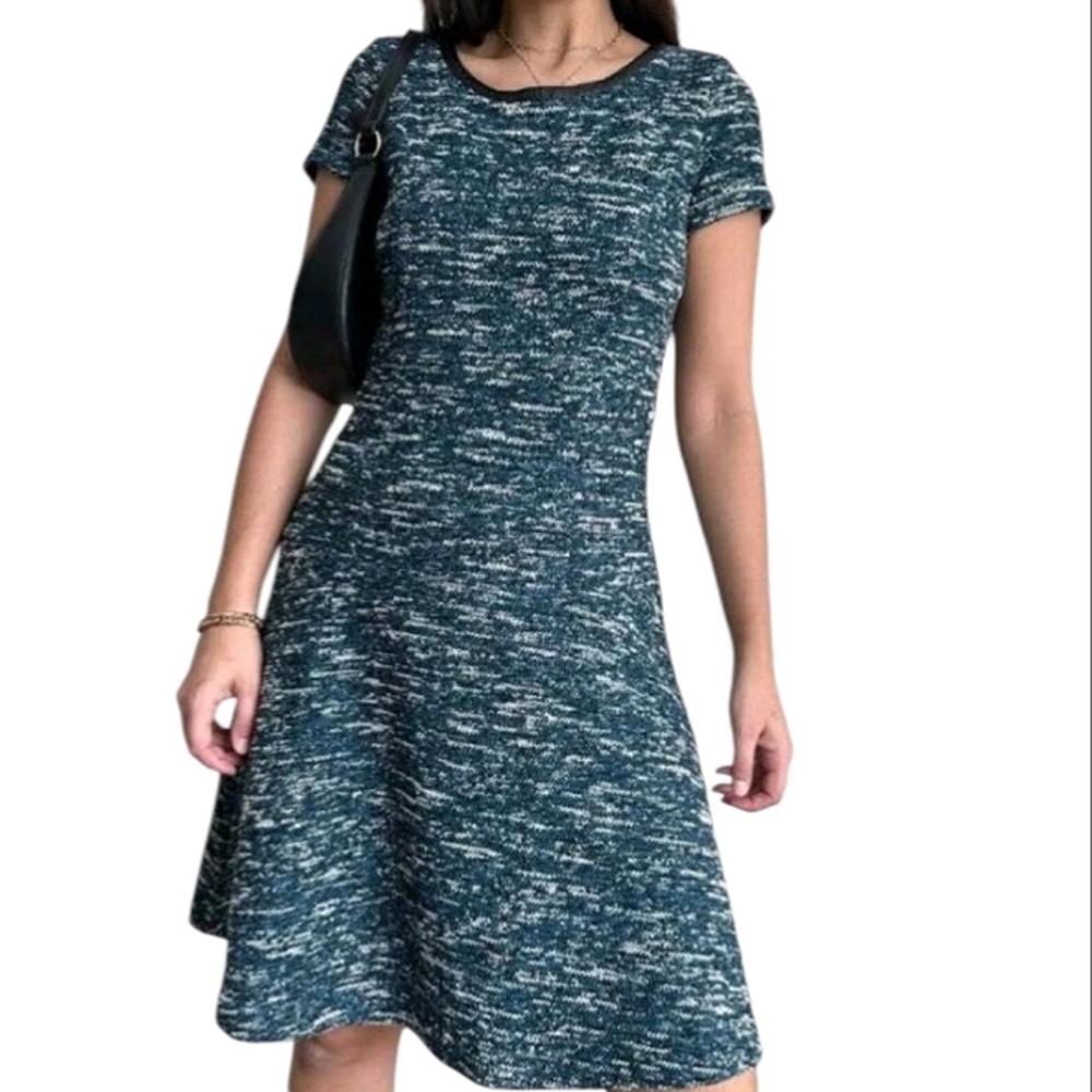 Talbots Tweed Teal Space Dye Faux Leather Trim Midi Dress Size 14